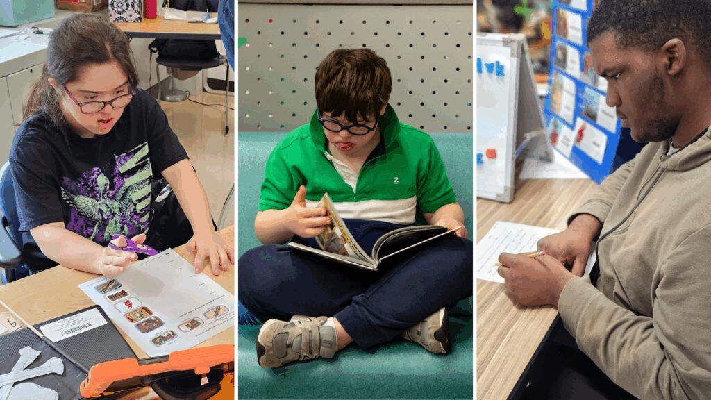 Students with complex learning needs reading, writing, and using assistive technology during comprehensive literacy instruction.