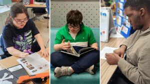 Students with complex learning needs reading, writing, and using assistive technology during comprehensive literacy instruction.