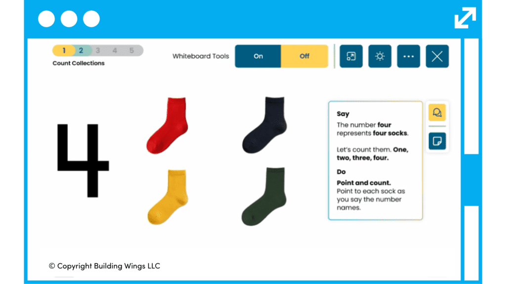 Educational counting page showing the numeral 4 and four colorful socks (red, yellow, navy, green) for a counting activity, with on-screen instructions on the right.