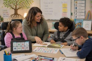 Teacher leads inclusive literacy instruction as students read, write, learn letters, and use AAC in the classroom.