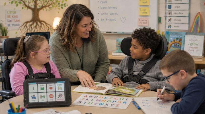 Teacher leads inclusive literacy instruction as students read, write, learn letters, and use AAC in the classroom.
