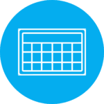 Text: Grid-style AAC communication interface icon on blue background representing assistive communication and accessible learning