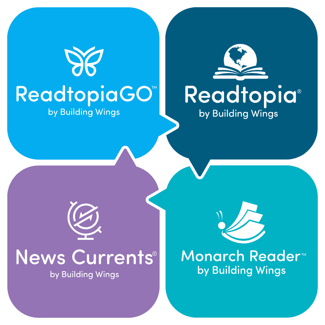 Logos of Building Wings educational programs including ReadtopiaGO, Readtopia, News Currents, and Monarch Reader