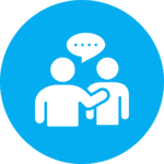 Icon of two people communicating with a speech bubble representing educator support and professional learning