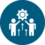 Icon of two people reaching toward a gear with upward arrows representing increased student engagement and active learning in literacy