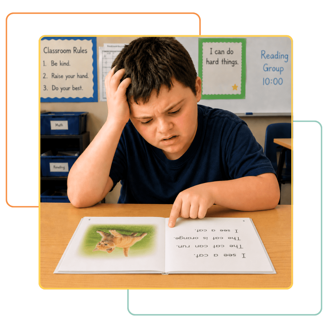 Young boy looking frustrated while reading a book at his desk in a classroom