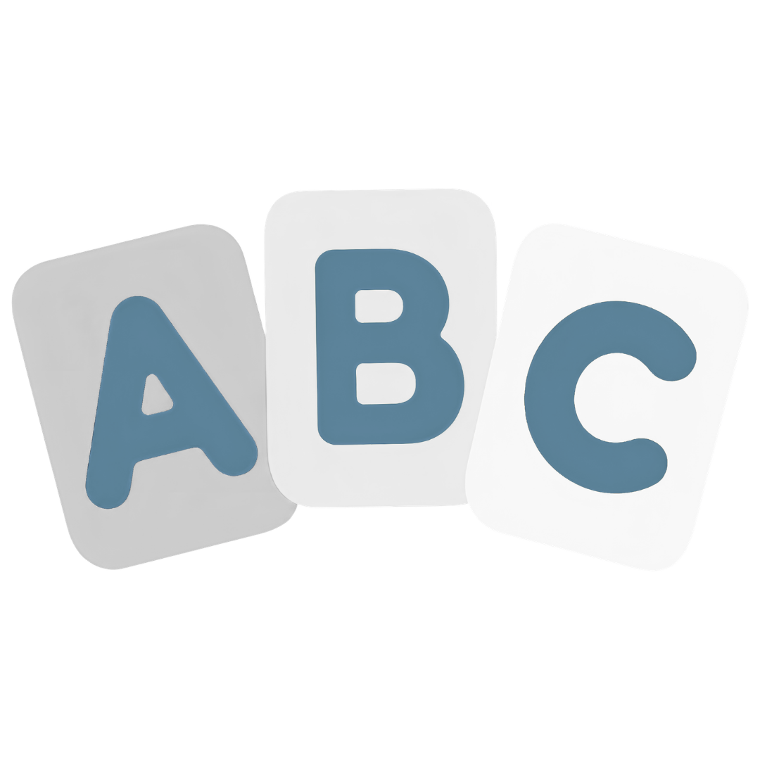 Three rounded white blocks with blue letters A, B, and C arranged in a slight arc.