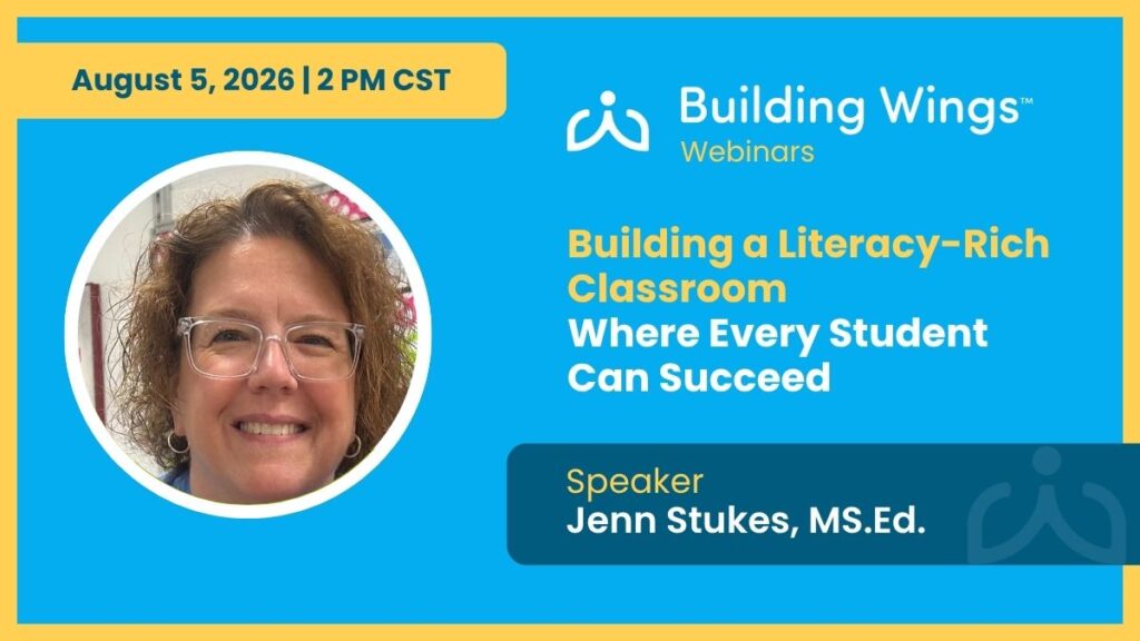Blue Background, Woman with curly hair smiles. The title reads "Building a Literacy-Rich Classroom Where Every Student Can Succeed with Engagement"