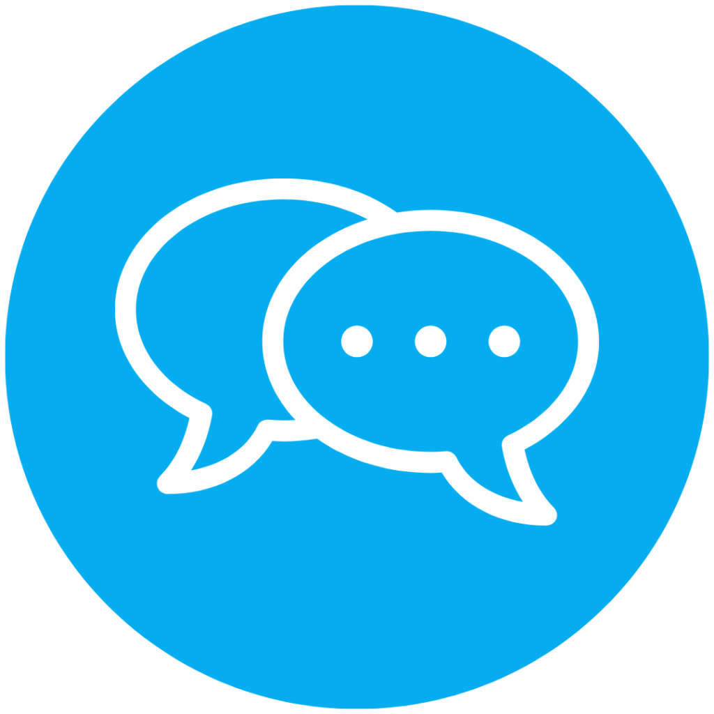 Communication icon: two overlapping white speech bubbles, one with three dots, centered on a bright blue circular background.