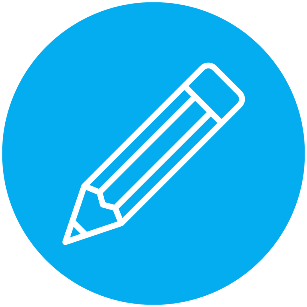 White outline of a pencil on a bright blue circular background, representing independent writing.