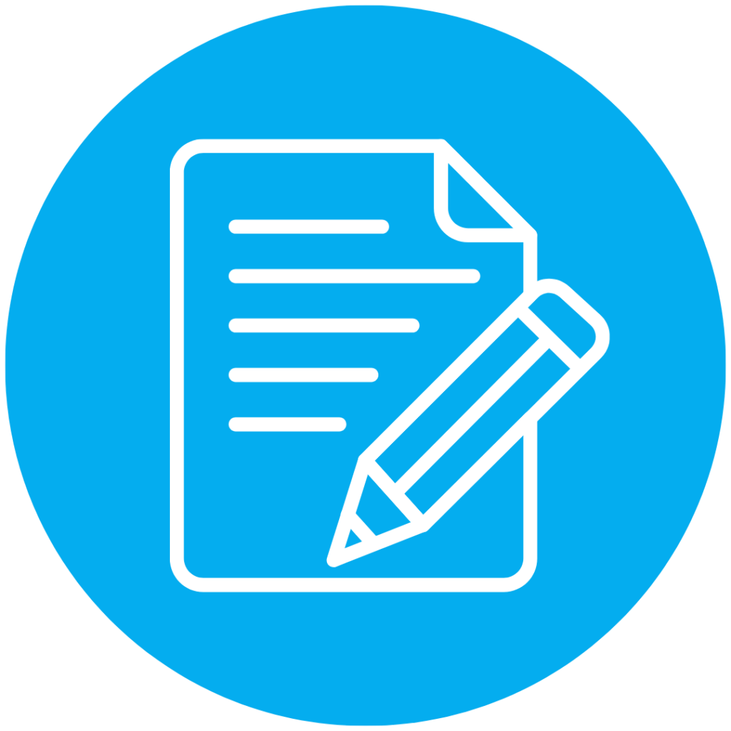 Predictable chart writing icon: a white outline of a lined document with a pencil, centered on a bright blue circular background.
