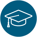 White graduation cap icon with tassel on a teal circular background, representing professional learning.
