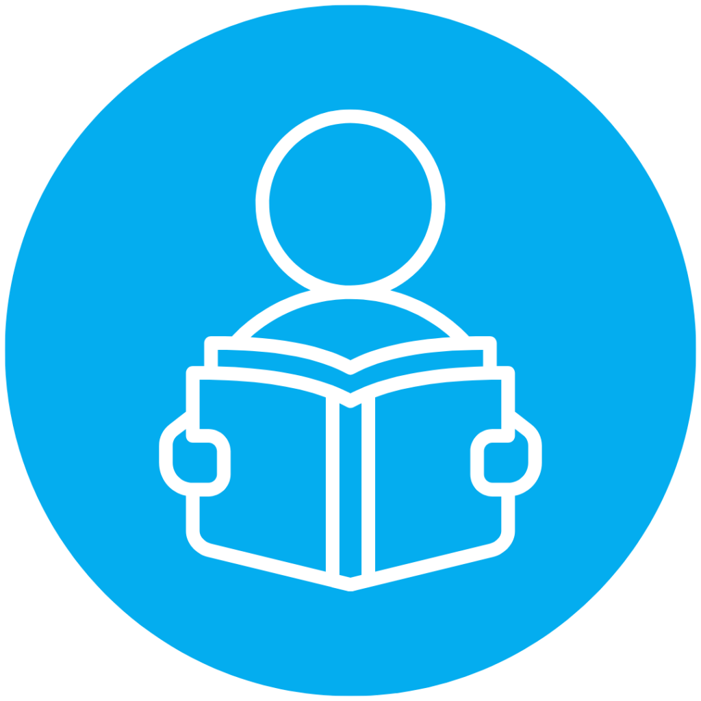 Self-selected reading icon: a white outline of a person holding and reading an open book, centered on a bright blue circular background.
