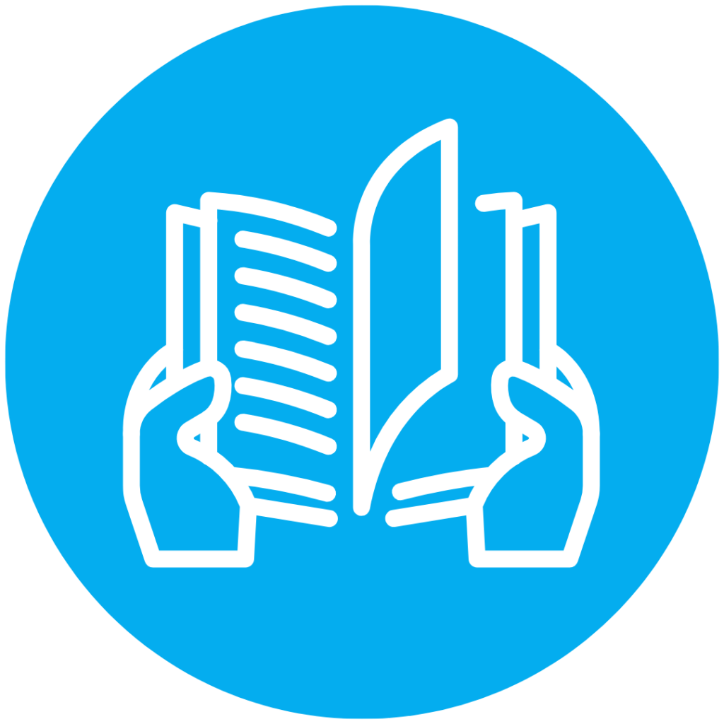 White line icon of two hands holding an open book on a bright blue circular background, representing shared reading.