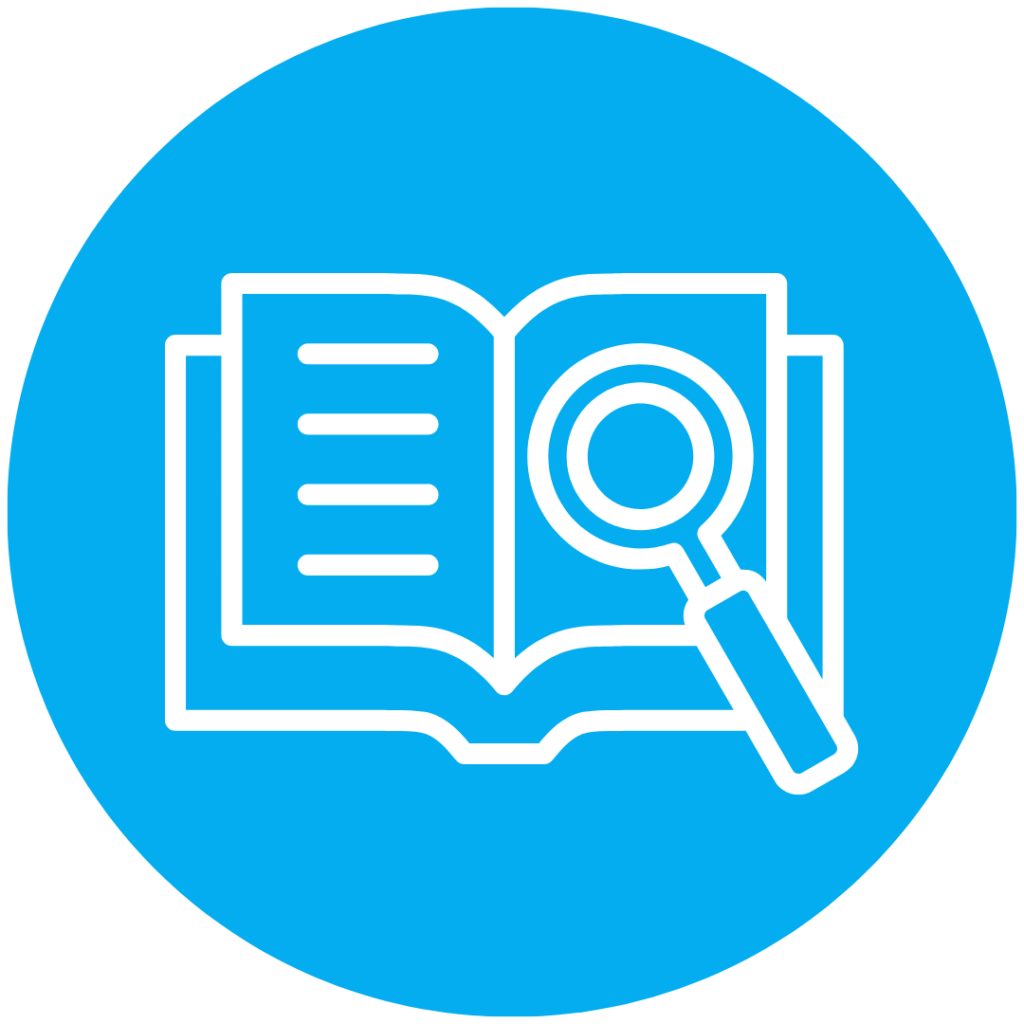 Blue circular icon featuring a white outline of an open book with a magnifying glass, representing word study and close examination of words during literacy instruction.